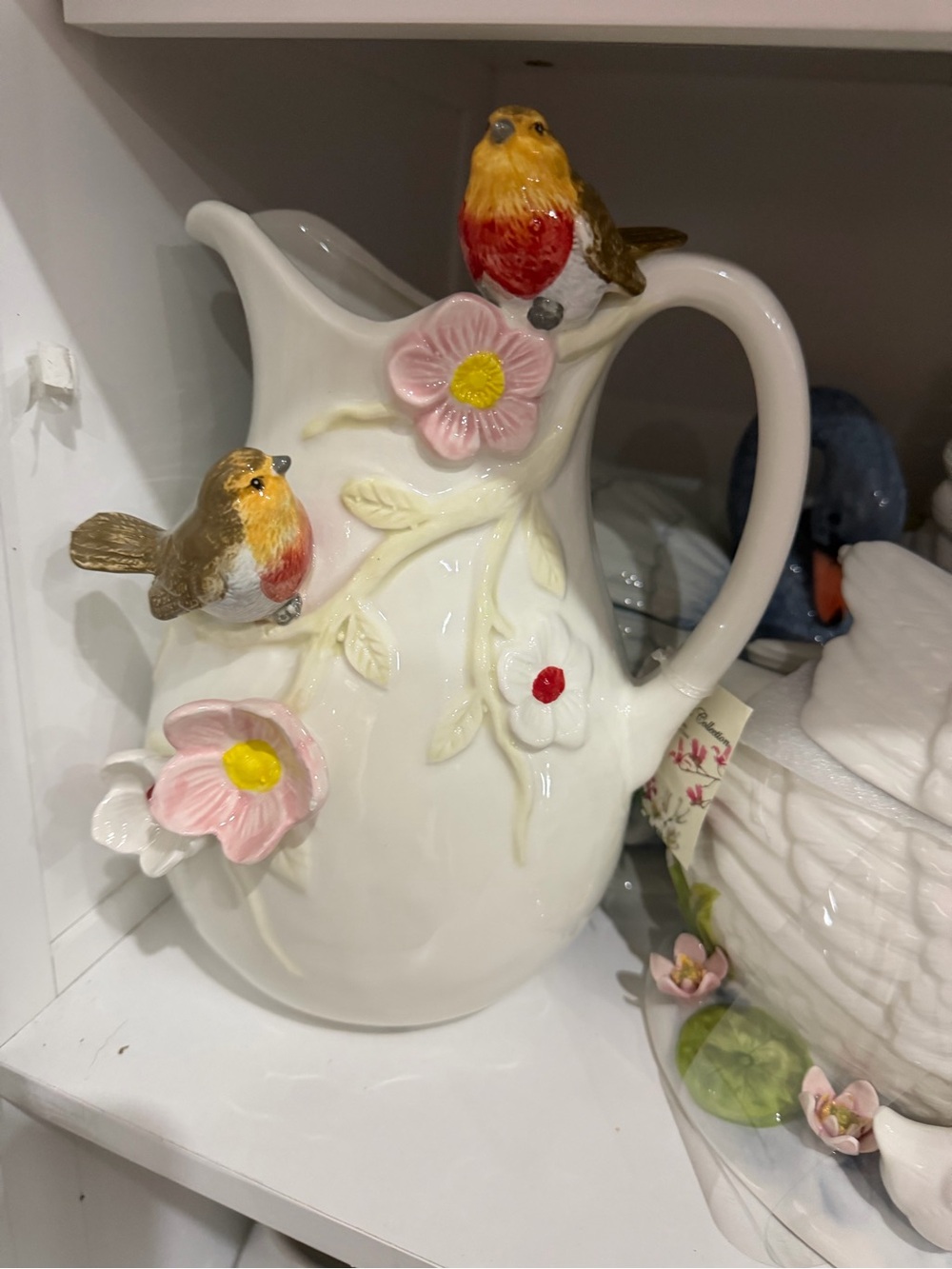 Ceramic White Pitcher with Pink Flowers & Red-Orange Bird Accents